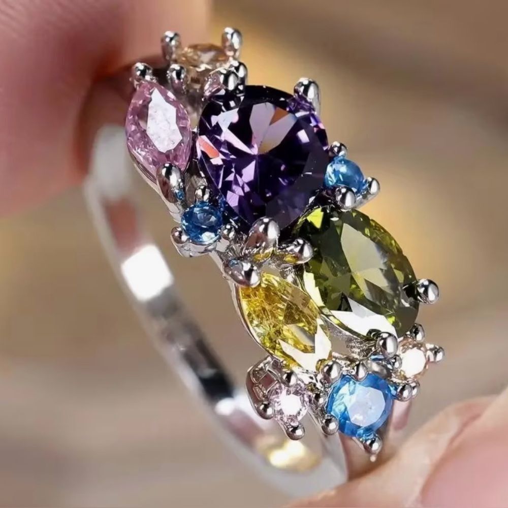 💜 NEW Sparkling Multicolor Gemstone Silver Ring 💜